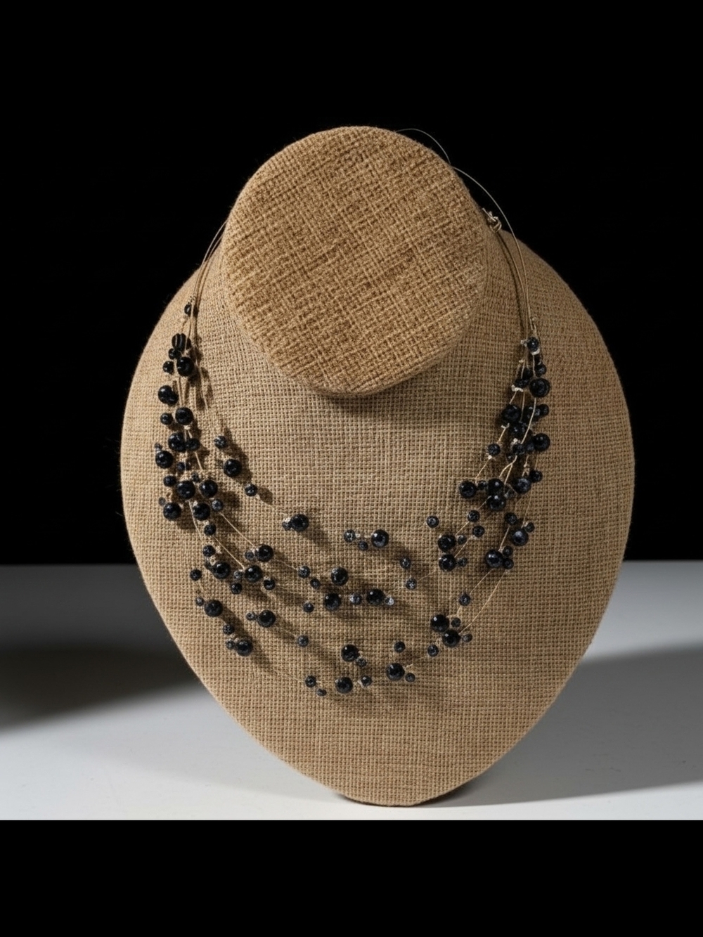 Multi-Strand Black/Blue Glass Bead & Crystal Cluster Necklace